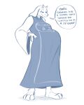  2021 absurd_res anthro barefoot belly big_belly bovid caprine claws clothed clothing convexpert dialogue dress english_text fangs feet female goat hand_on_hip hi_res horn mammal narrowed_eyes pregnant pregnant_female smile solo speech_bubble standing text toriel undertale_(series) 
