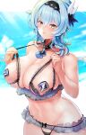  1girl ascot bangs bare_arms bare_shoulders bikini black_bikini black_bow black_hairband blue_ascot blue_hair blue_sky blurry blurry_background blush bow bow_bikini breasts cleavage cloud collarbone commentary_request cowboy_shot cupless_bikini day detached_collar effort_star eula_(genshin_impact) frilled_bikini frills genshin_impact groin hair_between_eyes hair_bow hairband hands_up highres huge_breasts lifted_by_self looking_at_viewer medium_hair micro_bikini navel outdoors parted_lips pasties see-through skindentation sky solo standing stomach strap_lift string_bikini sunlight swimsuit white_background yellow_eyes 