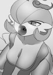  1girl bangs blush bob_cut breasts breath cleavage collarbone commentary_request dynamax from_above gardevoir giant giantess grey_background greyscale hair_over_one_eye half-closed_eyes highres large_breasts light_blush looking_up monochrome one_eye_covered open_mouth pero_(pero7762) pokemon pokemon_(creature) short_hair simple_background sitting smoke solo tongue uvula wariza 