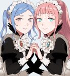  2girls aqua_eyes bangs black_dress blue_hair blunt_bangs brooch center_frills commentary_request dress feather_trim felicia_(fire_emblem) fire_emblem fire_emblem_fates flora_(fire_emblem) frills grey_background grey_eyes highres holding_hands jewelry juliet_sleeves long_hair long_sleeves looking_at_viewer maid maid_headdress multiple_girls peach11_01 pink_hair ponytail puffy_sleeves siblings simple_background sisters smile twins twintails twitter_username upper_body 