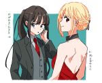  2girls backless_dress backless_outfit black_choker black_hair black_ribbon blonde_hair choker commentary_request crossdressing dress formal hair_ribbon highres himagosan inoue_takina long_hair looking_at_viewer looking_back lycoris_recoil multiple_girls necktie nishikigi_chisato official_alternate_costume ponytail purple_eyes red_dress red_eyes red_necktie ribbon short_hair sleeveless sleeveless_dress smile suit translation_request 