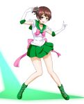  1girl bishoujo_senshi_sailor_moon blush breasts brown_eyes brown_hair choker collar collarbone cosplay elbow_gloves full_body girls_und_panzer gloves green_collar green_skirt hair_bobbles hair_ornament highres key_(gaigaigai123) large_breasts looking_at_viewer magical_girl miniskirt nishizumi_maho open_mouth pleated_skirt sailor_jupiter sailor_jupiter_(cosplay) school_uniform serafuku shiny shiny_hair skirt smile solo tiara white_gloves 