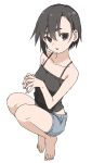  1girl absurdres bangs bare_arms bare_shoulders black_camisole black_eyes black_hair blue_shorts camisole collarbone commentary_request eyebrows_hidden_by_hair full_body hair_between_eyes highres kagawa_rin looking_at_viewer own_hands_together short_eyebrows short_hair short_shorts shorts simple_background solo soredemo_ayumu_wa_yosetekuru thick_eyebrows white_background yamamoto_souichirou 