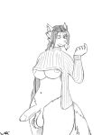  anthro breasts canid canine canis clothing genitals gynomorph hair hi_res inner_ear_fluff intersex mammal penis ponytail solo sweater tail thick_thighs topwear tuft warc wolf 