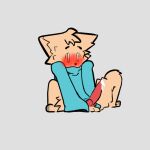  1:1 anthro blush blush_lines bodily_fluids canid canine clothing cum ejaculating_cum ejaculation fox frunki fur genital_fluids hi_res hoodie knot male mammal shocked shocked_expression shy simple_background simple_coloring sitting solo topwear 