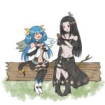  1girl 1other bird blue_hair boots dizzy_(guilty_gear) guilty_gear guilty_gear_x hair_ribbon happy highres long_hair red_eyes ribbon san5ro squirrel tail testament_(guilty_gear) thighhighs tree_stump twintails 