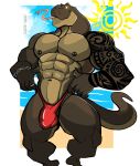  2022 abs absurd_res anthro artist_name barazoku beach biceps big_bulge big_muscles bikini_thong border bracelet bulge chain claws clothed clothing clothing_pull cloud darknaigart day detailed_bulge forked_tongue hi_res huge_muscles jewelry komodo_dragon lizard long_tongue looking_at_viewer male monitor_lizard muscular muscular_anthro muscular_male navel nipple_piercing nipples non-mammal_nipples obliques outside pecs piercing reptile sand scalie seaside sky smile solo standing sun swimwear swimwear_pull tattoo thick_thighs tongue tongue_out topless topless_anthro topless_male water white_border 