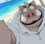  2022 anthro beach clothing detailed_background eyewear glasses kemono male mammal mature_male outside overweight overweight_male portrait seaside shirt solo suid suina sus_(pig) taro_heppoko topwear water wild_boar 