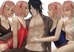  1boy 4girls absurdres arm_around_waist bare_pectorals black_eyes black_hair boruto:_naruto_next_generations breasts camisole cleavage facial_mark forehead_mark green_eyes hair_over_eyes hairband haruno_sakura highres lingerie multiple_girls multiple_persona naruto_(series) niku_(ni23ku) open_clothes open_shirt pectorals pink_hair pink_hairband small_breasts twitter_username uchiha_sasuke underwear 