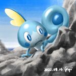  blue_eyes bright_pupils commentary_request dated day frown highres looking_to_the_side no_humans open_mouth outdoors pokemon pokemon_(creature) signature sky sobble solo yajishin30 