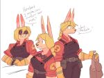  anonymous_artist anthro belt blonde_hair clothing dialogue engineer_(team_fortress_2) eyewear female gloves goggles hair handwear kangaroo macropod mammal marsupial mechanic shirt simple_background solo team_fortress_2 topwear uniform valve video_games 