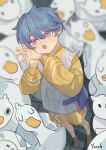  1boy absurdres bird blue_eyes blue_hair blush highres jacket loafers long_sleeves male_focus multicolored_eyes open_mouth original purple_eyes shoes short_hair shorts socks solo stuffed_animal stuffed_bird stuffed_toy yonab yonab_(yonab) 