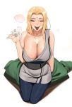  1girl absurdres blonde_hair blush breasts choko_(cup) coat coat_removed collarbone cup drunk facial_mark forehead_mark highres huge_breasts kevbot looking_at_viewer naruto naruto_(series) open_mouth seiza simple_background sitting sleeveless smile solo strap_slip sweat tsunade_(naruto) 