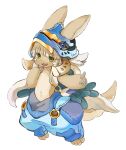  1girl animal_ears baggy_pants body_fur brown_fur commentary_request furry furry_female helmet highres horizontal_pupils jewelry made_in_abyss nanachi_(made_in_abyss) pants sad_icecream_(asdfghj30082493) simple_background solo white_background white_hair yellow_eyes 
