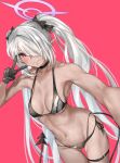  1girl bangs bikini black_bikini black_bow black_choker black_gloves blue_archive blush bow breasts choker closed_mouth covered_nipples dark-skinned_female dark_skin gloves grey_hair hair_bow hair_over_one_eye halo iori_(blue_archive) iori_(swimsuit)_(blue_archive) long_hair looking_at_viewer medium_breasts pink_background pointy_ears red_eyes selfie simple_background solo swimsuit tail thigh_strap tororo_ten twintails v v_over_eye very_long_hair 