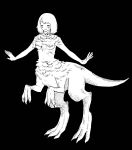  1girl alternate_species black_background claws closed_eyes closed_mouth completely_nude dinosaur_girl dungeon_meshi falin_thorden feathers frs2 full_body greyscale hands_up high_contrast highres monochrome monster_girl nude outstretched_arms short_hair smile solo spoilers standing taur 