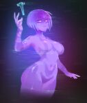  1girl blue_hair blue_skin blue_theme bodypaint breasts colored_skin commentary cortana cowboy_shot english_commentary glitch glowing glowing_eyes halo_(series) highres hologram justrube looking_at_viewer navel painted_clothes short_hair signature solo 