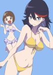  2girls :d bangs bikini black_hair blue_background blue_eyes blunt_bangs breasts brown_eyes brown_hair cleavage closed_mouth frown hadasada_2 hair_between_eyes hand_up highres kill_la_kill mankanshoku_mako matoi_ryuuko multicolored_hair multiple_girls navel open_mouth purple_bikini red_hair simple_background smile streaked_hair sweatdrop swimsuit yellow_bikini 