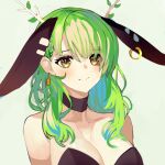  1girl animal_ears antlers black_choker black_leotard ceres_fauna choker earrings fake_animal_ears green_background green_hair headgear heart heart-shaped_pupils highres hololive hololive_english jewelry leotard long_hair looking_at_viewer rabbit_ears simple_background solo strapless strapless_leotard symbol-shaped_pupils tomatolover16 upper_body virtual_youtuber wavy_hair yellow_eyes 