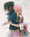  1boy 1girl absurdres black_hair blurry closed_eyes dirty hair_over_eyes haruno_sakura highres hug hug_from_behind naruto naruto_(series) niku_(ni23ku) pink_hair tears twitter_username uchiha_sasuke 