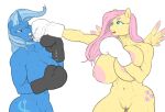  2022 abs anthro anthrofied areola athletic athletic_anthro athletic_female big_areola big_breasts big_nipples blue_body blue_eyes blue_hair blue_nipples bodily_fluids boxing boxing_gloves breasts clothing cutie_mark digital_media_(artwork) duo equid equine female fluttershy_(mlp) friendship_is_magic genitals gloves hair handwear hasbro hellbridge horn huge_breasts lips long_hair mammal muscular muscular_anthro muscular_female my_little_pony navel nipples nude pegasus pink_eyes pink_hair pink_nipples punch pussy simple_background sport sweat thick_thighs trixie_(mlp) unicorn white_background wings yellow_body 