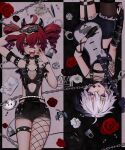  2girls :3 :d ahoge arm_up asymmetrical_gloves asymmetrical_legwear bangs belt belt_bracelet black_hair blush bracelet chain chain_necklace crumpled_paper cuffs drill_hair fangs fingerless_gloves fishnet_top fishnets flower flower_(vocaloid) flower_(vocaloid4) garter_straps gloves guitar handcuffs headphones headset highres holding holding_instrument holding_microphone ianxy2 instrument jewelry kasane_teto latex lock microphone microphone_stand mouth_hold multicolored_hair multiple_girls nail_polish necklace o-ring open_mouth padlock pantyhose paperclip pen pencil plectrum plectrum_in_mouth purple_eyes red_eyes red_hair rose short_hair single_fishnet_legwear single_leg_pantyhose single_thighhigh smile spiked_thighlet thigh_strap thighhighs twin_drills two-tone_hair upside-down utau vocaloid waist_cutout white_hair 