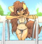  anthro apogee_(tinygaypirate) arm_support arm_tuft bikini black_nose breasts brown_body brown_eyes brown_fur brown_hair canid canine canis cleavage clothed clothing curled_tail day domestic_dog ear_piercing elbow_tuft entwined_fingers eyebrow_through_hair eyebrows eyelashes facial_markings facial_piercing female floppy_ears fur furgonomics furry-specific_piercing hair head_markings hi_res inner_ear_fluff leaning leaning_forward leg_tuft long_hair looking_at_viewer mammal markings messy_hair mottled mottled_nose muzzle_piercing navel nose_piercing outside piercing pink_nose pool_(disambiguation) print_bikini print_clothing print_swimwear slim smile solo spitz standing swimwear thigh_gap tinygaypirate translucent translucent_hair tuft water 