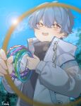  1boy absurdres blue_eyes blue_hair blue_sky blush bracelet highres jacket jewelry long_sleeves looking_at_viewer male_focus multicolored_eyes open_mouth original purple_eyes short_hair sky solo sparkling_eyes sun sunlight sweater turtleneck turtleneck_sweater yonab yonab_(yonab) 