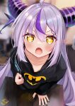  +_+ 1girl :o ahoge bangs batman_symbol bikkusu black_nails black_shirt blurry blurry_background blush braid collarbone demon_girl demon_horns fang from_above grey_hair hand_up hololive horns indoors la+_darknesss leaning_forward long_hair long_sleeves looking_at_viewer multicolored_hair open_mouth pointy_ears puffy_long_sleeves puffy_sleeves purple_hair shirt sidelocks skin_fang sleeves_past_wrists solo star_(symbol) streaked_hair striped_horns two-tone_hair upper_body very_long_hair virtual_youtuber yellow_eyes 