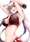  1girl ahoge armpits arms_behind_head arms_up bikini black_bikini black_gloves breasts collar eyelashes_visible_through_hair fate/grand_order fate_(series) gloves hair_between_eyes highres jeanne_d&#039;arc_alter_(fate) jeanne_d&#039;arc_alter_(swimsuit_berserker)_(fate) large_breasts looking_at_viewer o-ring o-ring_bikini o-ring_bottom o-ring_top open_mouth smile solo stomach swimsuit white_background white_hair yellow_eyes yuusaku_(nekorakuda) 