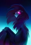  anthro avian beak bird black_clothing blue_background clothing cool_colors dark_crowl female grey_hair hair helluva_boss long_hair looking_up octavia_(helluva_boss) owl owl_demon pink_eyes simple_background sitting solo white_face 