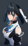  1girl bare_shoulders black_hair blue_eyes bow bow_earrings bowtie breasts chain detached_sleeves earrings eus_ing grey_background hair_between_eyes hair_intakes heart highres hololive hololive_english jewelry looking_at_viewer ouro_kronii simple_background solo upper_body virtual_youtuber zipper zipper_pull_tab 
