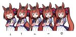  1girl absurdres anger_vein angry animal_ears bangs bow bowtie closed_eyes crossed_arms crown daiwa_scarlet_(umamusume) enoki_art hair_ornament highres horse_ears horse_girl long_hair looking_at_viewer multiple_views open_mouth orange_hair purple_bow purple_bowtie purple_eyes purple_shirt school_uniform shirt short_sleeves simple_background skirt teeth tracen_school_uniform twintails umamusume white_background white_skirt 