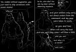  absurd_res anthro canid comic dark dialogue english_text felid feline female fifty_seventh_(kofomy) fifty_sixth_(kofomy) group hi_res kofomy male mammal monochrome speech_bubble text 