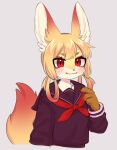  1girl animal_ear_fluff animal_ears animal_nose bangs black_sailor_collar black_shirt blonde_hair blunt_bangs blush brown_fur claws closed_mouth commentary eyeliner fox_ears fox_girl fox_tail furry furry_female gradient_hair grey_background hair_rings hand_up happy highres kayama_akimaru long_hair long_sleeves looking_at_viewer makeup multicolored_fur multicolored_hair neckerchief original red_eyeliner red_eyes red_hair red_neckerchief romaji_commentary sailor_collar school_uniform serafuku shiny shiny_hair shirt sidelocks simple_background smile solo tail two-tone_hair upper_body white_fur yellow_fur 