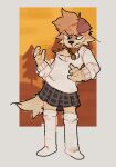  ambiguous_gender anthro blue_eyes bottomwear canid canine canis clothing collar domestic_dog footwear frown fur jaimewallowa legwear mammal shoulder_tuft skirt socks solo sweater tan_body tan_fur thigh_highs thigh_socks topwear tuft 