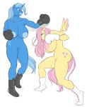  2022 anthro anthrofied athletic athletic_anthro athletic_female big_breasts big_nipples blue_body blue_eyes blue_hair blue_nipples bodily_fluids boots boxing boxing_gloves breasts clothing cutie_mark digital_media_(artwork) duo equid equine female fluttershy_(mlp) footwear friendship_is_magic genitals gloves hair handwear hasbro hellbridge horn huge_breasts long_hair mammal muscular muscular_anthro muscular_female my_little_pony nipples nude pegasus pink_eyes pink_hair pink_nipples pussy simple_background sport sweat thick_thighs trixie_(mlp) unicorn white_background wings yellow_body 