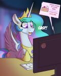  absurd_res advertisement cake cocaine_(artist) computer crown dessert equid equine female feral food friendship_is_magic gold_(metal) gold_jewelry hi_res horn horse internet jewelry mammal my_little_pony open_mouth pony princess_celestia_(mlp) solo stare winged_unicorn wings 