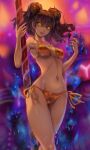  1girl absurdres aura bikini breasts brown_hair cleavage evil_smile glowing glowing_eyes gold_bikini highres kujikawa_rise legs_together looking_at_viewer medium_breasts navel persona persona_4 shadow_(persona) shadow_rise side-tie_bikini smile solo stomach stripper_pole swimsuit toasty_scones twintails yellow_eyes 