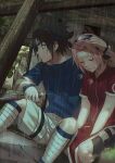  1boy 1girl absurdres arm_around_neck bandaid bandaid_on_face bandaid_on_forehead black_hair blurry breathing closed_eyes dirty forehead_protector hairband haruno_sakura headband highres konohagakure_symbol kunai naruto naruto_(series) niku_(ni23ku) pink_hair rain reverse_grip shiny shorts sitting twitter_username uchiha_sasuke weapon white_shorts 