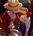  1boy abs bare_pectorals black_hair blurry blurry_background closed_mouth commentary_request covered_eyes cross_scar dappled_sunlight denim denim_shorts hand_on_own_face hat male_focus matsuya_(pile) monkey_d._luffy muscular navel one_piece pectorals pirate red_vest scar scar_on_chest short_hair shorts sitting solo straw_hat sunlight toned toned_male vest 