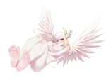  angel angel_wings bare_legs bare_shoulders barefoot breasts character_request copyright_request feathered_wings feathers feet horns huge_breasts long_hair looking_at_viewer maidforge nipples nude smile soles white_background white_wings wings 