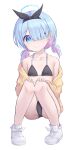  1girl absurdres arona_(blue_archive) bare_shoulders bikini black_bikini black_ribbon blue_archive blue_eyes blue_hair closed_mouth collarbone earrings flat_chest full_body gradient_hair hair_over_one_eye hair_ribbon halo head_tilt highres jewelry knees_together_feet_apart knees_up looking_at_viewer low_twintails multicolored_hair pigeon-toed pink_hair quinn_(eg_bread) ribbon shirt shoes short_twintails simple_background sitting smile solo swimsuit twintails white_background white_footwear yellow_shirt 