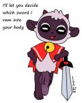  anthro big_penis bovid caprine cult_of_the_lamb flaccid genitals humanoid_genitalia implied_violence lamb_(cult_of_the_lamb) male mammal melee_weapon penis sen_grisane_(artist) sheep solo sword weapon 