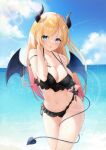  1girl bikini black_bikini blonde_hair blue_eyes blue_sky breast_tattoo breasts cloud demon_girl demon_horns demon_tail frilled_bikini frills hololive horns large_breasts long_hair looking_at_viewer lukas_reule navel outdoors sky solo stomach swimsuit tail tattoo thighs virtual_youtuber yuzuki_choco 