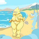  2022 alphys ambiguous_gender anthro barefoot beach being_watched big_breasts blush box_chan breasts camel_toe clothing cloud curvy_figure detailed_background dialogue dinosaur embarrassed english_text eyewear feet female female_focus food glasses group hi_res looking_at_another nipple_outline non-mammal_breasts one-piece_swimsuit overweight overweight_anthro overweight_female popsicle reptile sand scales scalie sea seaside sky solo_focus standing swimwear text tight_clothing undertale_(series) voluptuous water yellow_body yellow_clothing yellow_scales yellow_swimwear 