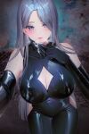  1girl bare_shoulders black_bodysuit black_gloves bodysuit breasts cleavage cleavage_cutout clothing_cutout elbow_gloves gloves grey_hair highres large_breasts latex latex_bodysuit lichiko lips looking_at_viewer navel official_art original purple_eyes skin_tight skindentation 