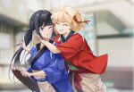 2girls bandaid bandaid_on_cheek bandaid_on_face bangs black_hair blonde_hair blue_hairband blue_kimono blue_sash blunt_bangs ceiling cheek-to-cheek closed_eyes commentary_request from_side hair_ribbon hairband head_tilt heads_together holding holding_tray hug hug_from_behind indoors inoue_takina japanese_clothes kimono long_hair looking_at_another lycoris_recoil medium_hair multiple_girls nishikigi_chisato obi one_eye_closed open_mouth parted_lips ponytail purple_eyes red_kimono red_ribbon red_sash ribbon sash sidelocks smile smirk teeth tr6xx tray v wall wide_sleeves wooden_tray 