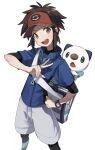  1boy :d bag blue_jacket bodysuit bodysuit_under_clothes brown_eyes brown_hair commentary_request hadasada_2 hand_on_hip highres jacket korean_commentary looking_at_viewer male_focus nate_(pokemon) open_mouth oshawott pokemon pokemon_(creature) pokemon_(game) pokemon_bw2 pokemon_on_back red_headwear short_hair short_sleeves shorts shoulder_bag smile teeth tongue upper_teeth visor_cap w zipper_pull_tab 