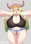  absurd_res animal_humanoid big_breasts bodily_fluids breasts butt_from_the_front cleavage clothed clothing dragon dragon_humanoid female hi_res horn horned_humanoid huge_breasts humanoid legwear miss_kobayashi&#039;s_dragon_maid nipple_outline nipples open_mouth pclle2 quetzalcoatl_(dragon_maid) saliva shirt solo sweat tank_top thick_thighs topwear wide_hips 